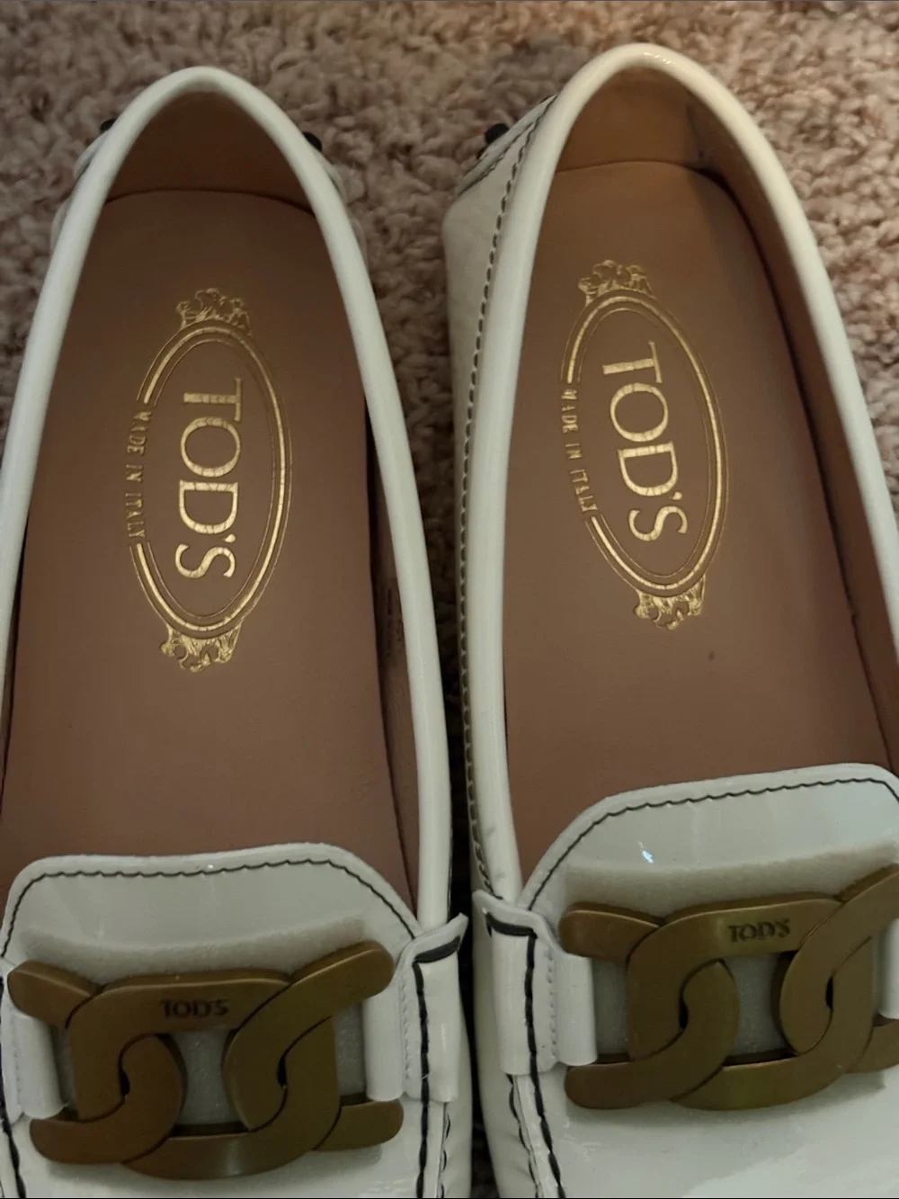 Tod's White Parent Leather Horsebit Boat Loafers Kate Gommino Heritage Designer